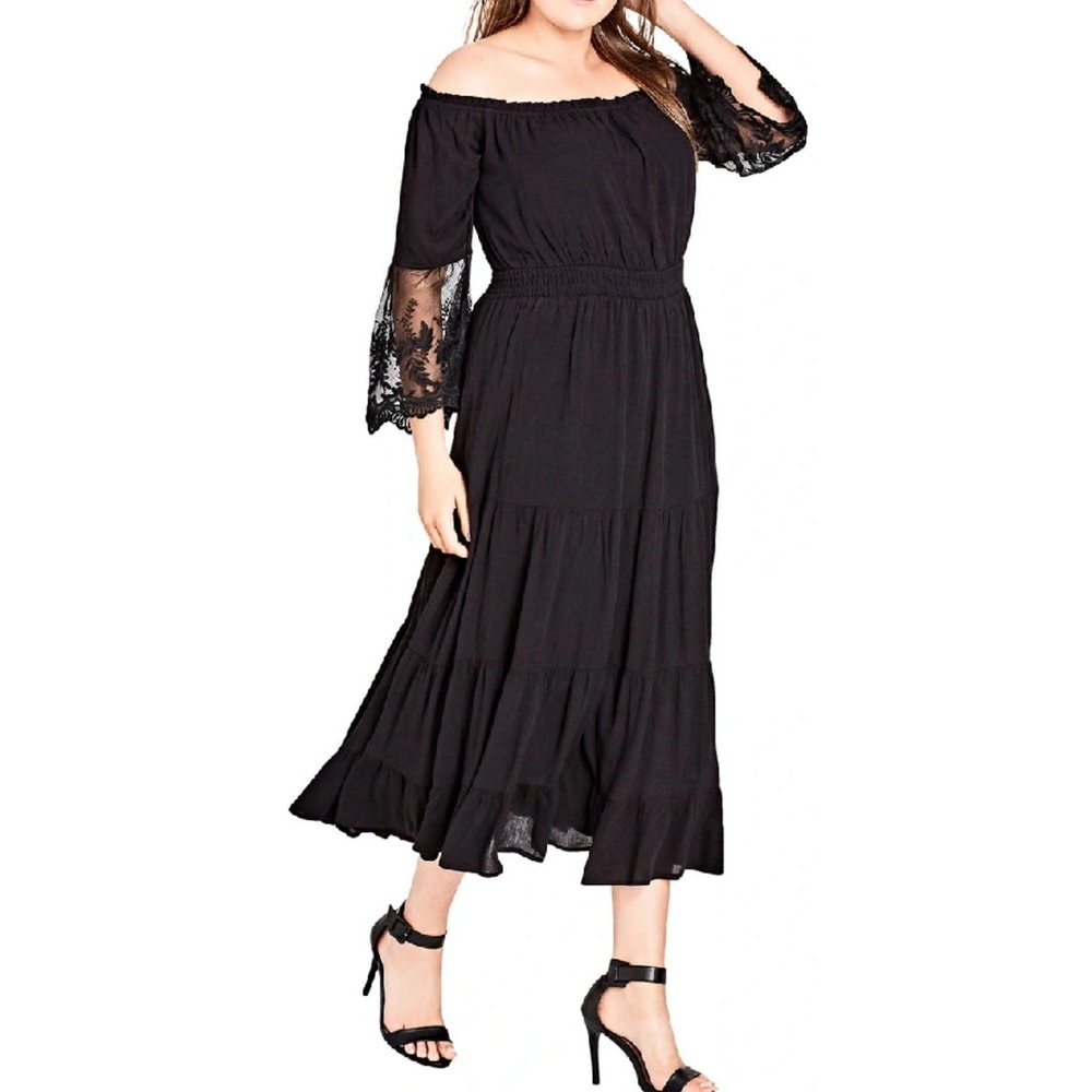 Black Off  Shoulder Maxi Dress Lace Flare Sleeve Smocked Waist Ethereal Goth 2XL